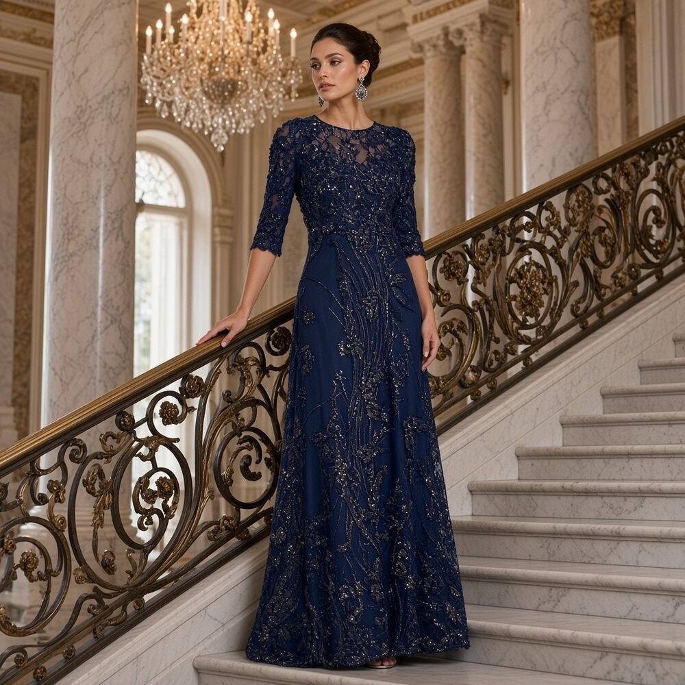 Mac Duggal 69016 Navy Beaded Rosette Gown – Size 8 – NWT